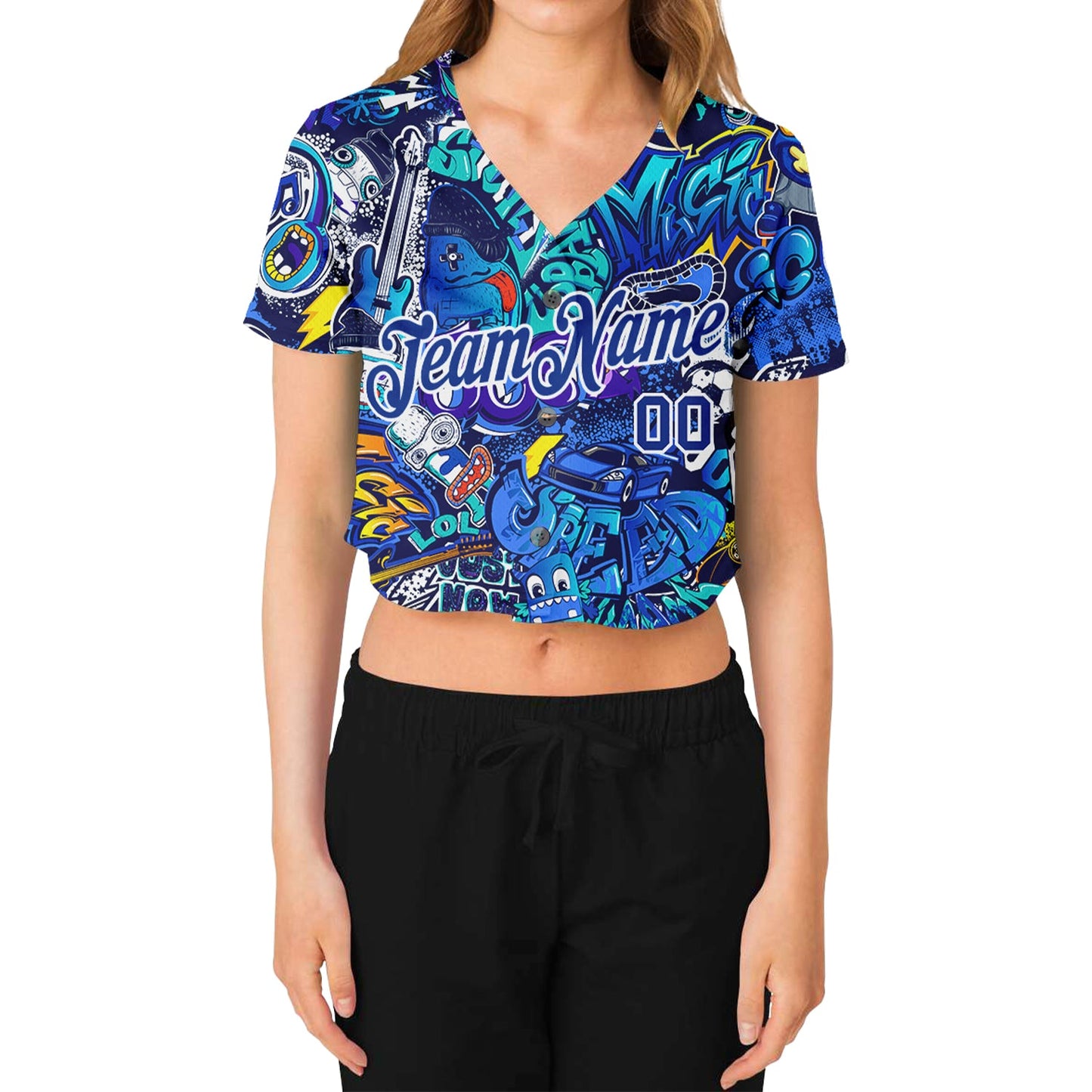 Custom Women's Graffiti Pattern Royal-White Abstract Urban Street Art 3D V-Neck Cropped Baseball Jersey view 2