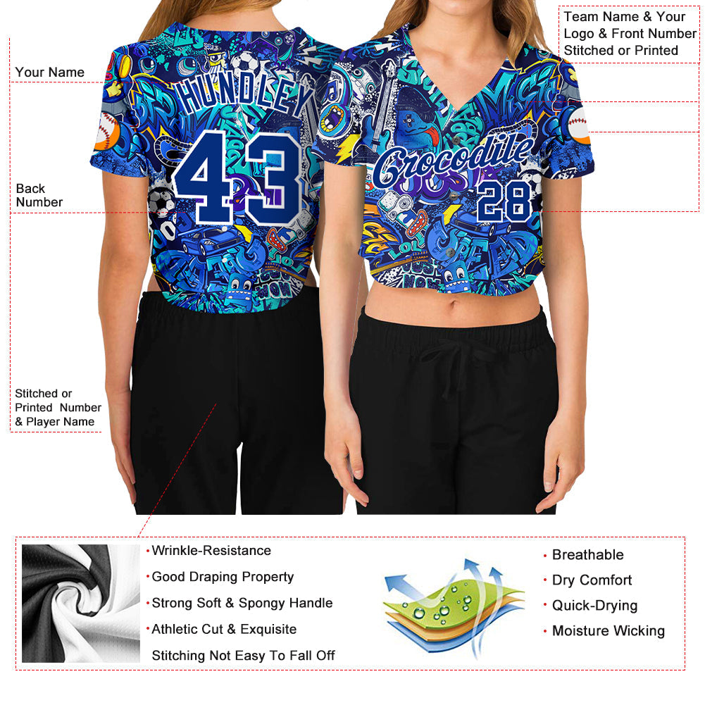 Custom Women's Graffiti Pattern Royal-White Abstract Urban Street Art 3D V-Neck Cropped Baseball Jersey view 3