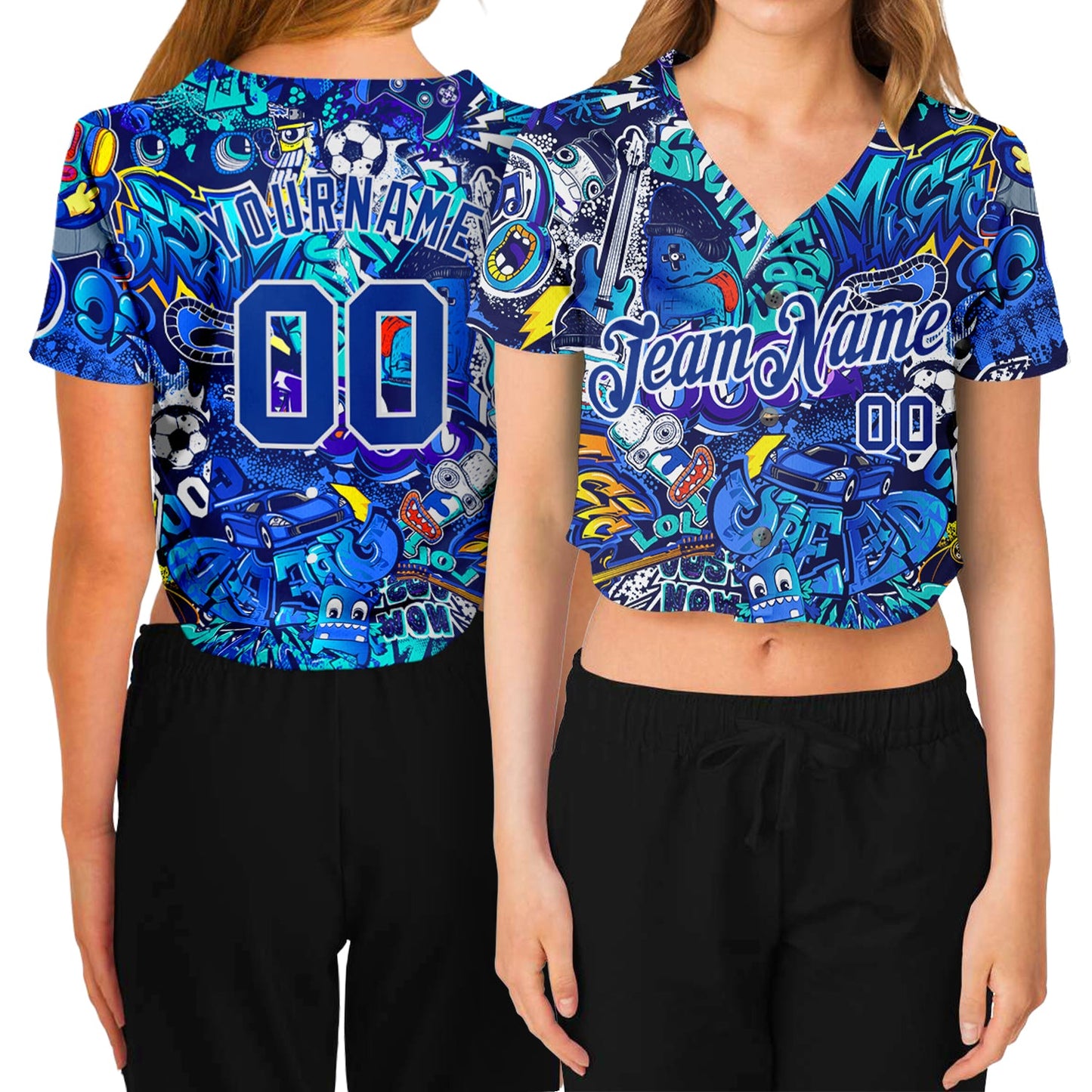 Custom Women's Graffiti Pattern Royal-White Abstract Urban Street Art 3D V-Neck Cropped Baseball Jersey - Main View
