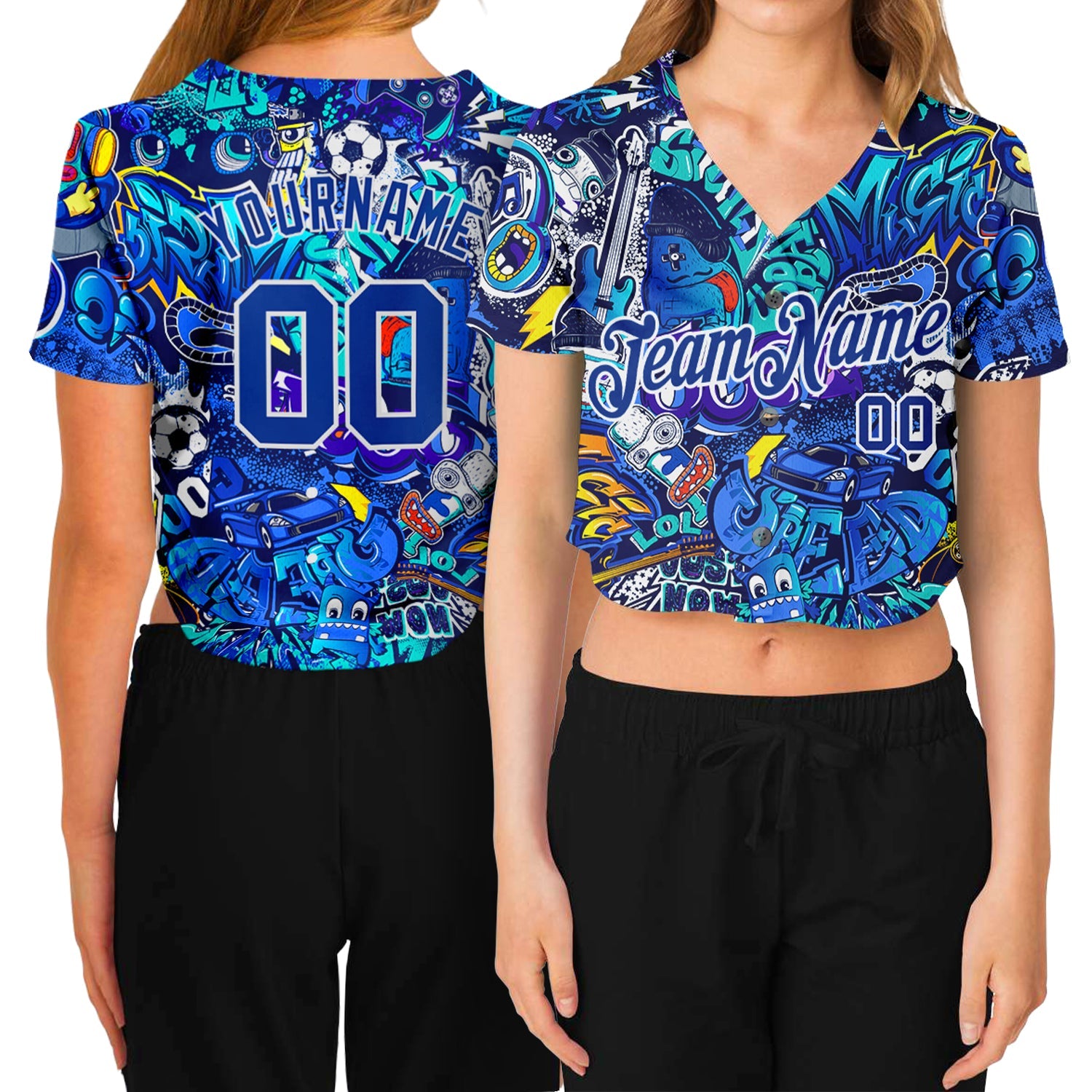 Custom Women's Graffiti Pattern Royal-White Abstract Urban Street Art 3D V-Neck Cropped Baseball Jersey - Main View