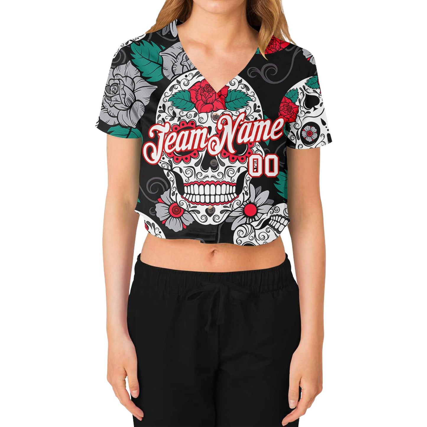 Custom Women's Graffiti Pattern White-Red Skull Fashion 3D V-Neck Cropped Baseball Jersey view 2