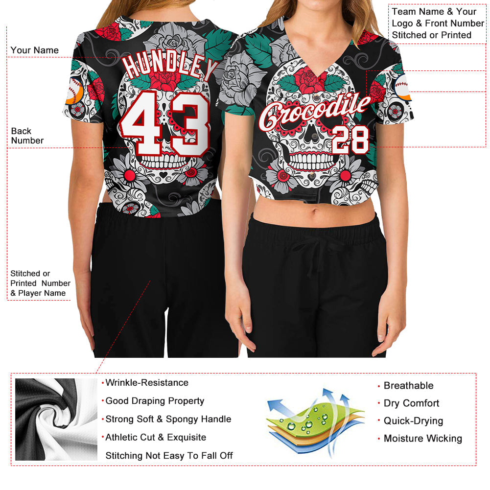 Custom Women's Graffiti Pattern White-Red Skull Fashion 3D V-Neck Cropped Baseball Jersey view 3