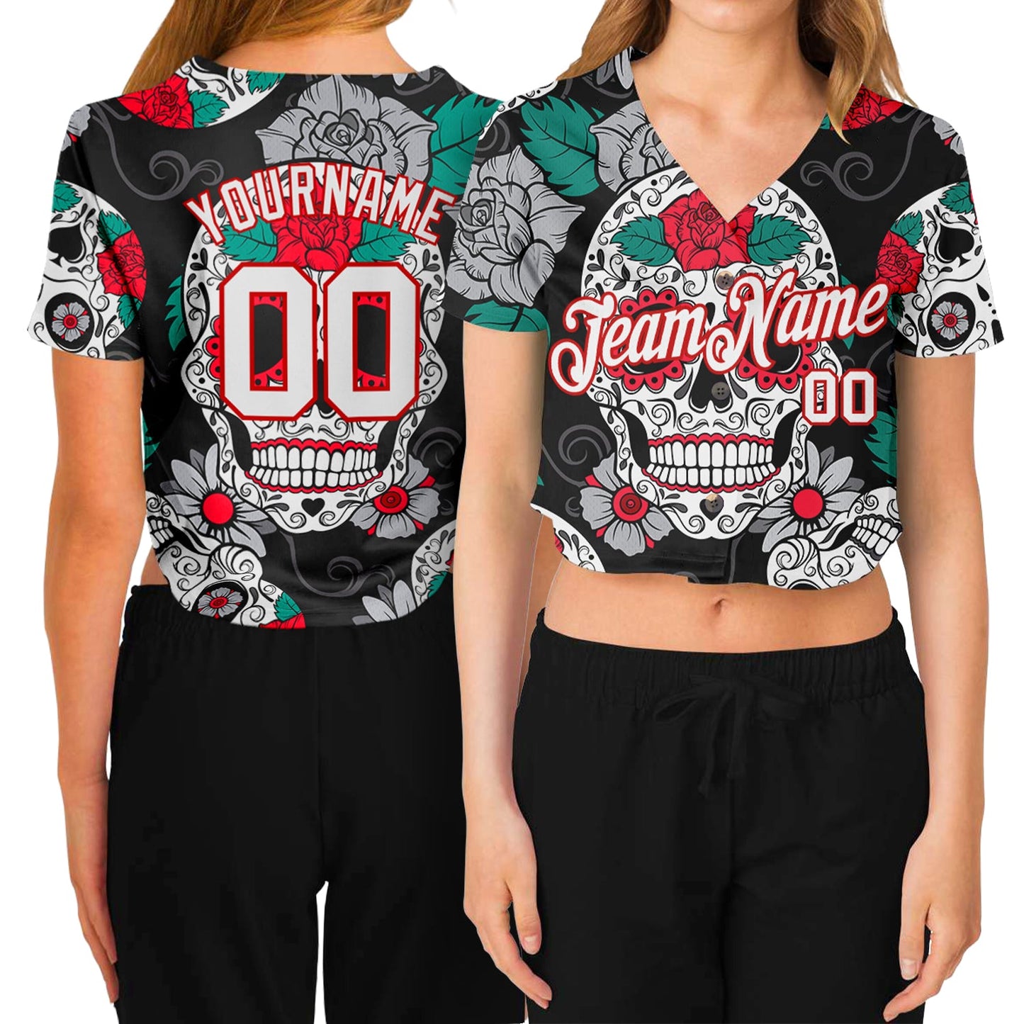 Custom Women's Graffiti Pattern White-Red Skull Fashion 3D V-Neck Cropped Baseball Jersey - Main View