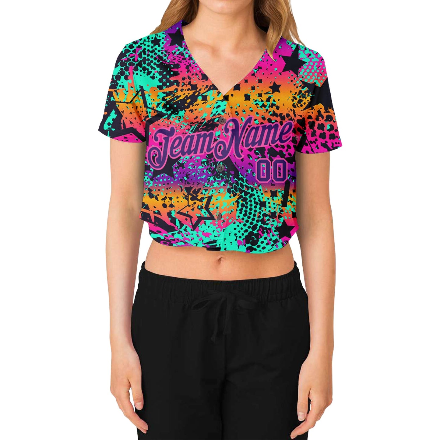 Custom Women's Graffiti Pattern Purple-Pink Bright Neon Colors 3D V-Neck Cropped Baseball Jersey view 2