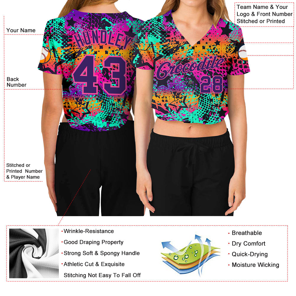 Custom Women's Graffiti Pattern Purple-Pink Bright Neon Colors 3D V-Neck Cropped Baseball Jersey view 3