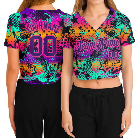 Custom Women's Graffiti Pattern Purple-Pink Bright Neon Colors 3D V-Neck Cropped Baseball Jersey - Main View