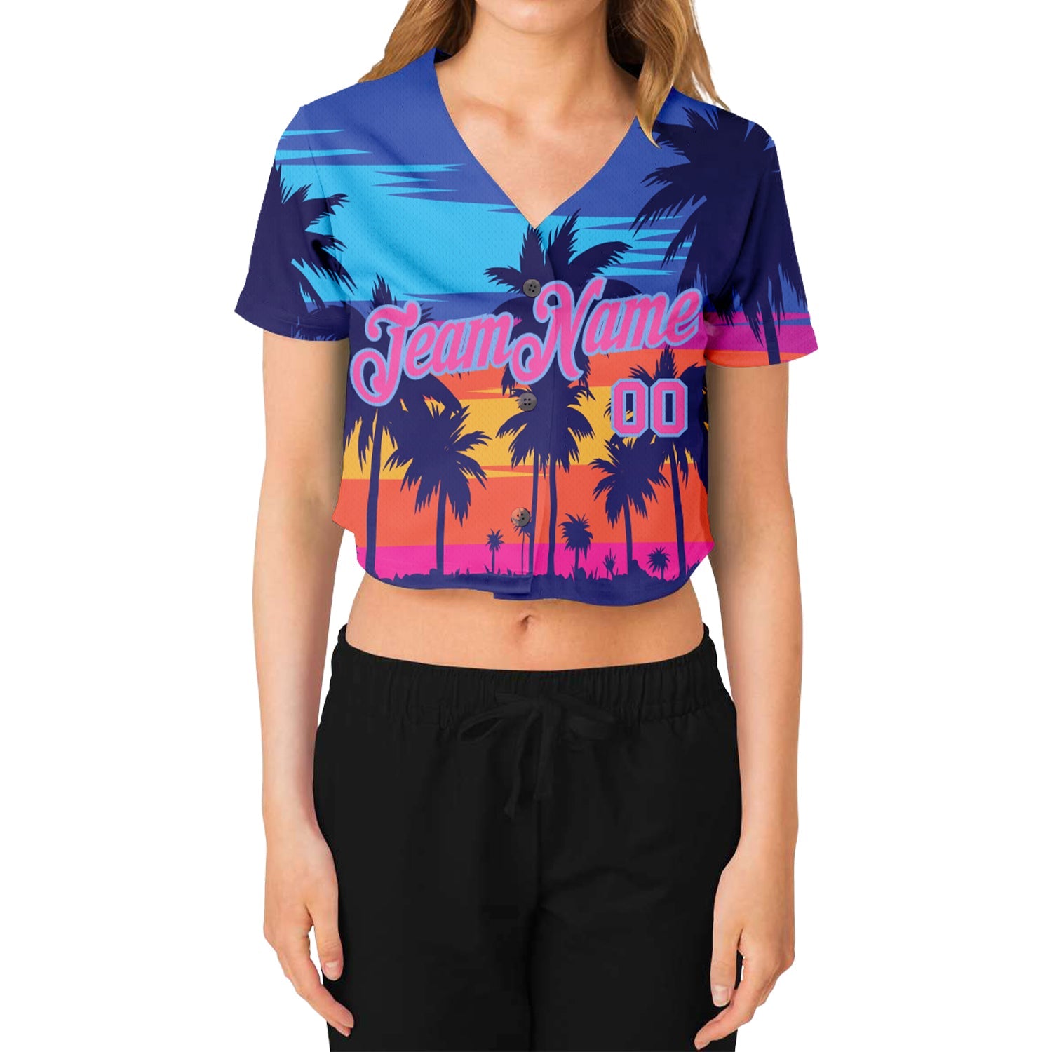 Custom Women's Royal Pink-Light Blue Hawaii Palm Trees 3D V-Neck Cropped Baseball Jersey view 2