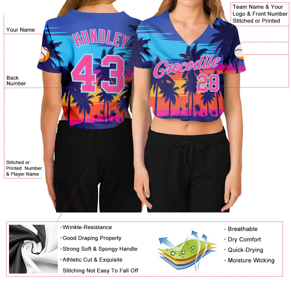 Custom Women's Royal Pink-Light Blue Hawaii Palm Trees 3D V-Neck Cropped Baseball Jersey view 3