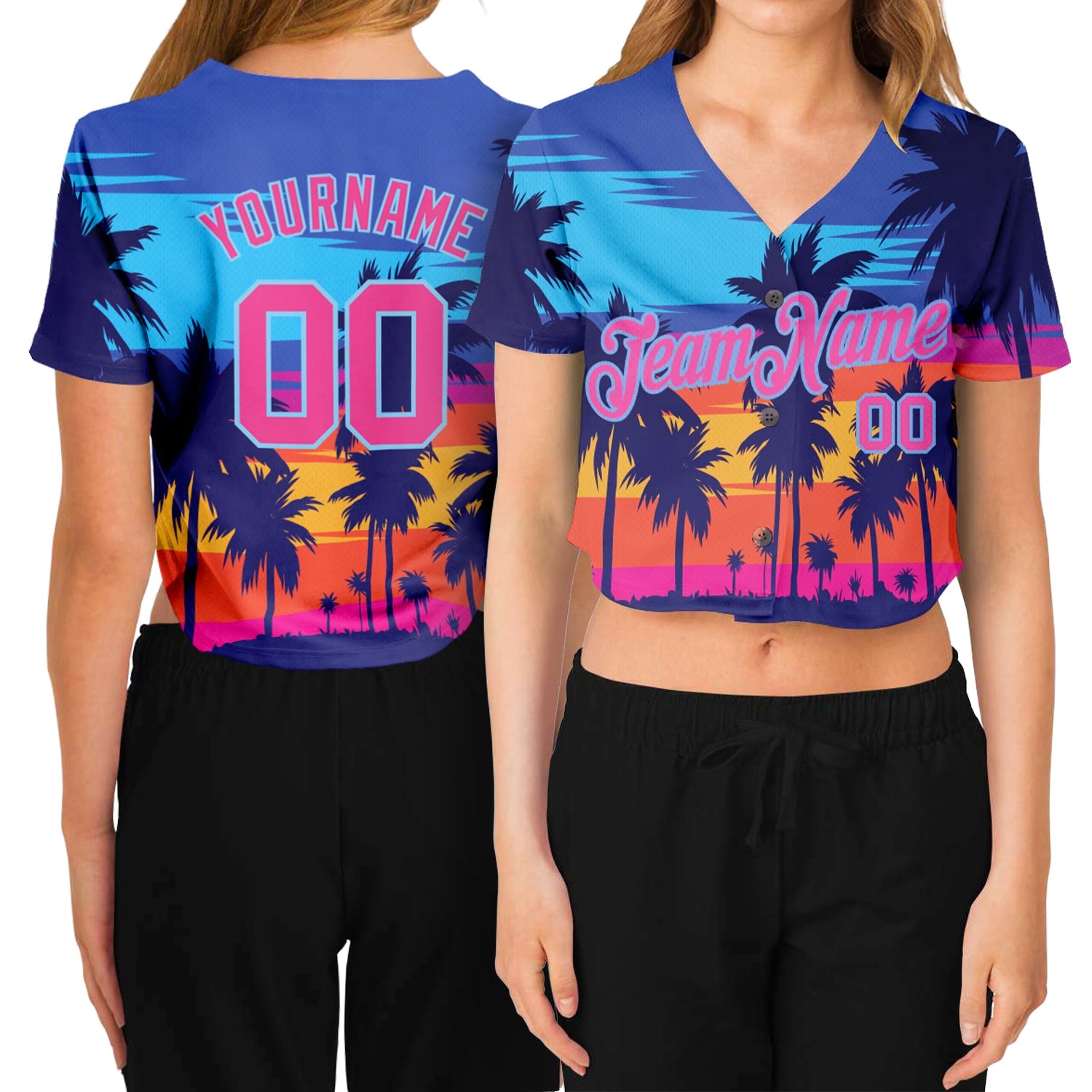 Custom Women's Royal Pink-Light Blue Hawaii Palm Trees 3D V-Neck Cropped Baseball Jersey - Main View