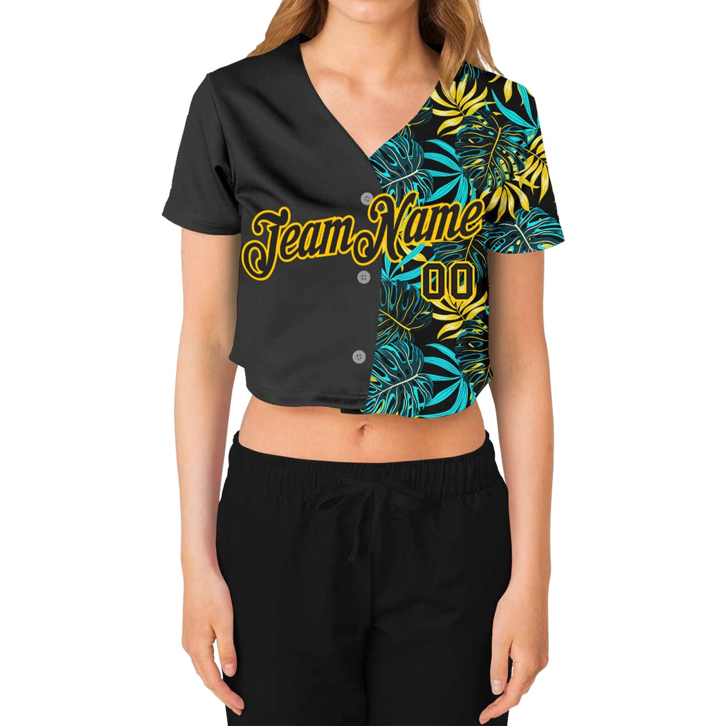 Custom Women's Black Black-Gold Tropical Palm Leaves 3D V-Neck Cropped Baseball Jersey view 2