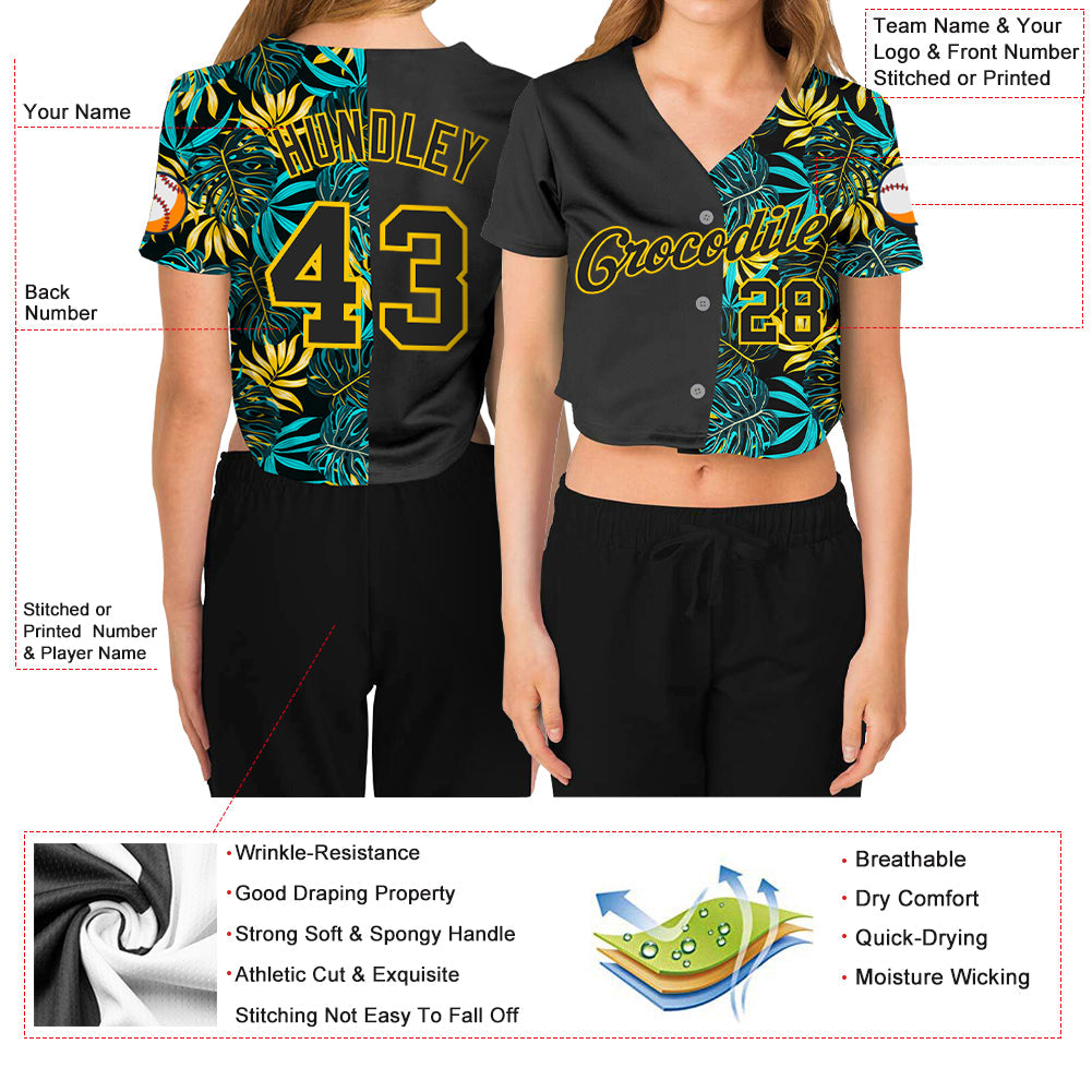 Custom Women's Black Black-Gold Tropical Palm Leaves 3D V-Neck Cropped Baseball Jersey view 3
