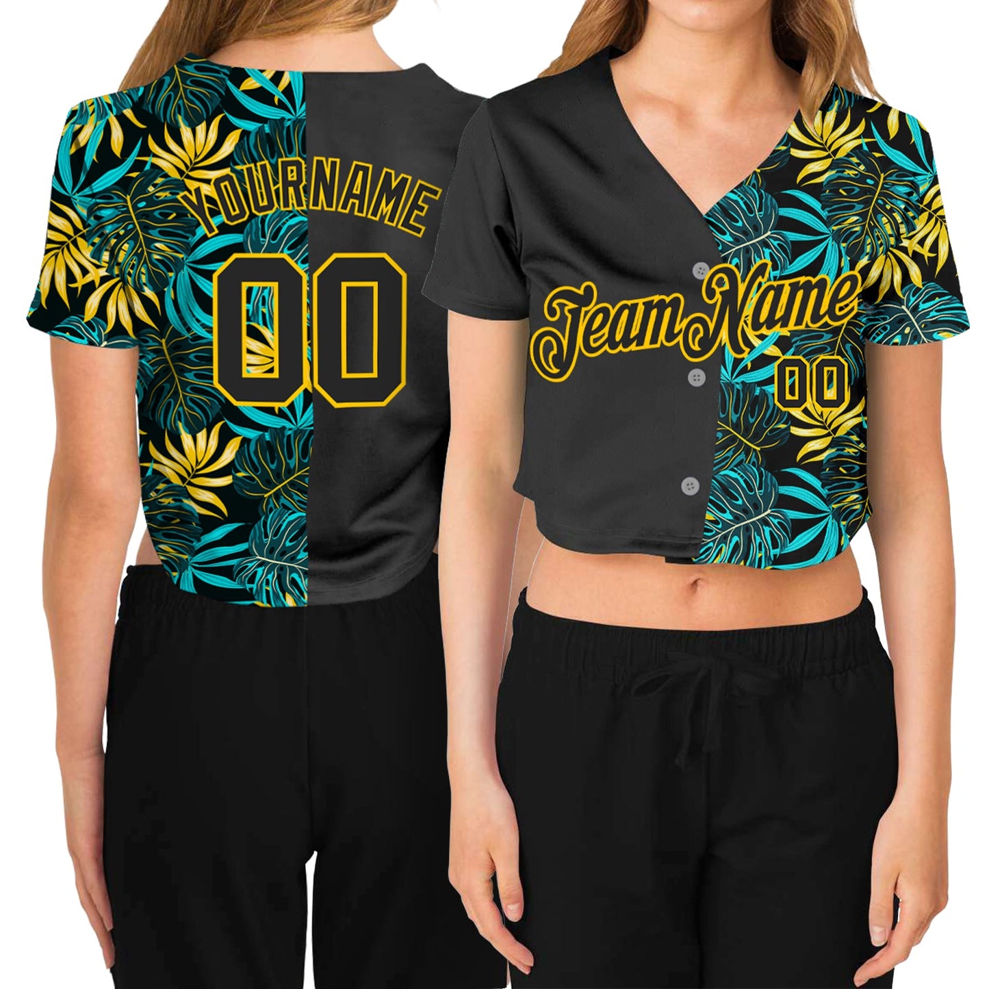 Custom Women's Black Black-Gold Tropical Palm Leaves 3D V-Neck Cropped Baseball Jersey - Main View