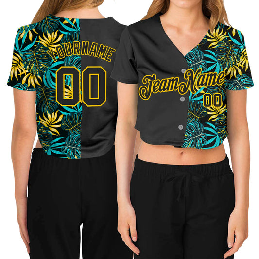 Custom Women's Black Black-Gold Tropical Palm Leaves 3D V-Neck Cropped Baseball Jersey - Main View