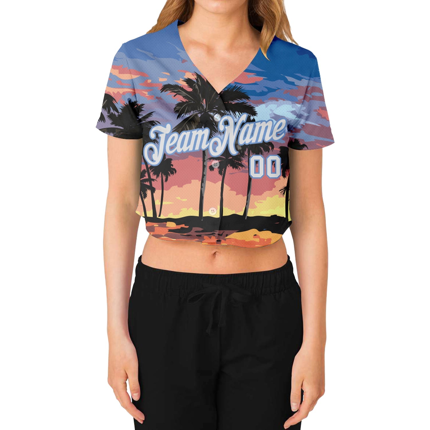 Custom Women's Light Blue White-Light Blue Hawaii Palm Trees 3D V-Neck Cropped Baseball Jersey view 2