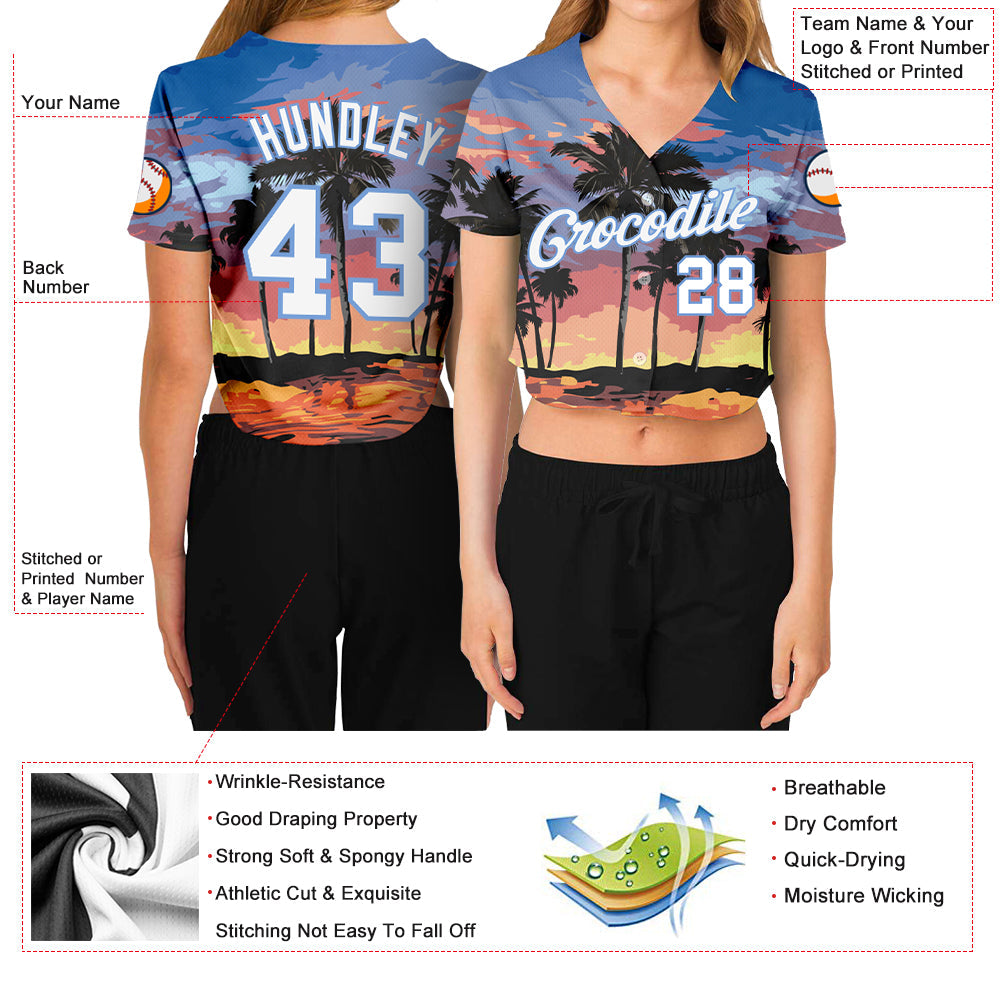 Custom Women's Light Blue White-Light Blue Hawaii Palm Trees 3D V-Neck Cropped Baseball Jersey view 3