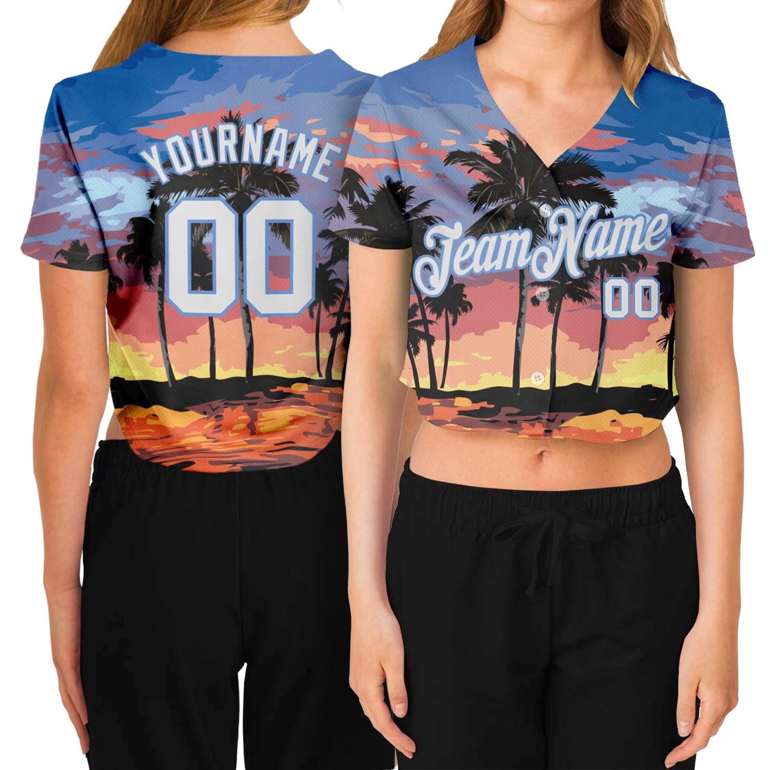Custom Women's Light Blue White-Light Blue Hawaii Palm Trees 3D V-Neck Cropped Baseball Jersey - Main View