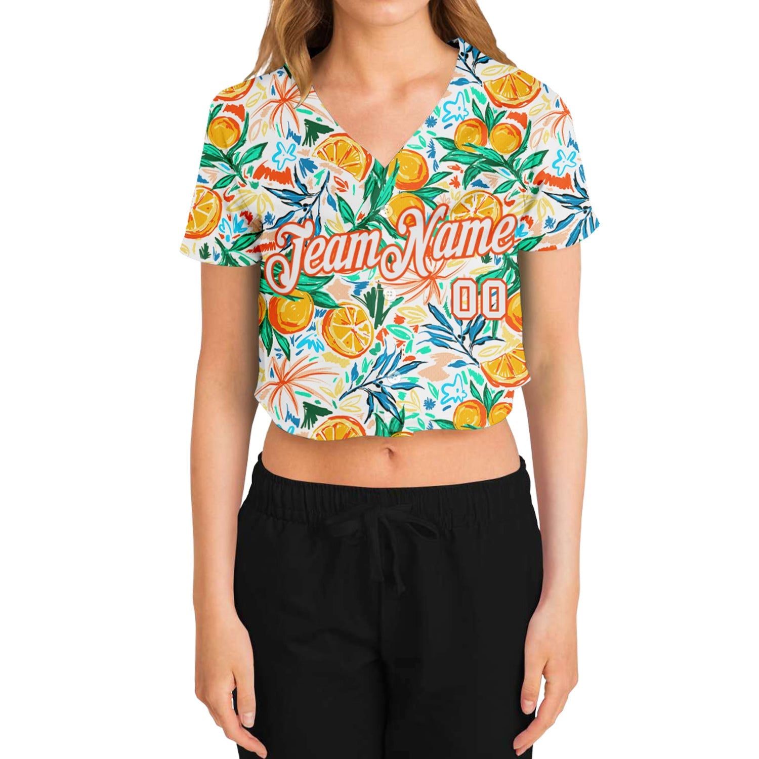 Custom Women's White White-Orange Fruits 3D V-Neck Cropped Baseball Jersey view 2
