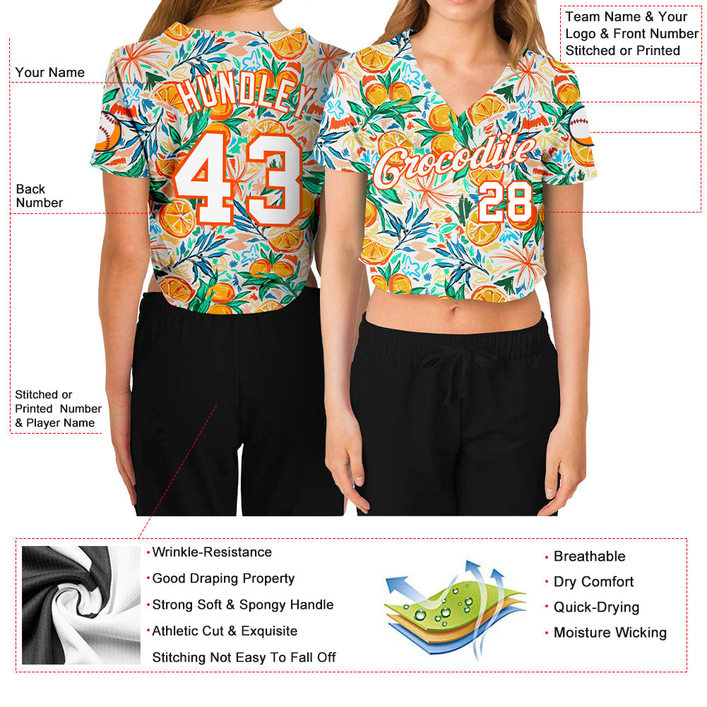 Custom Women's White White-Orange Fruits 3D V-Neck Cropped Baseball Jersey view 3