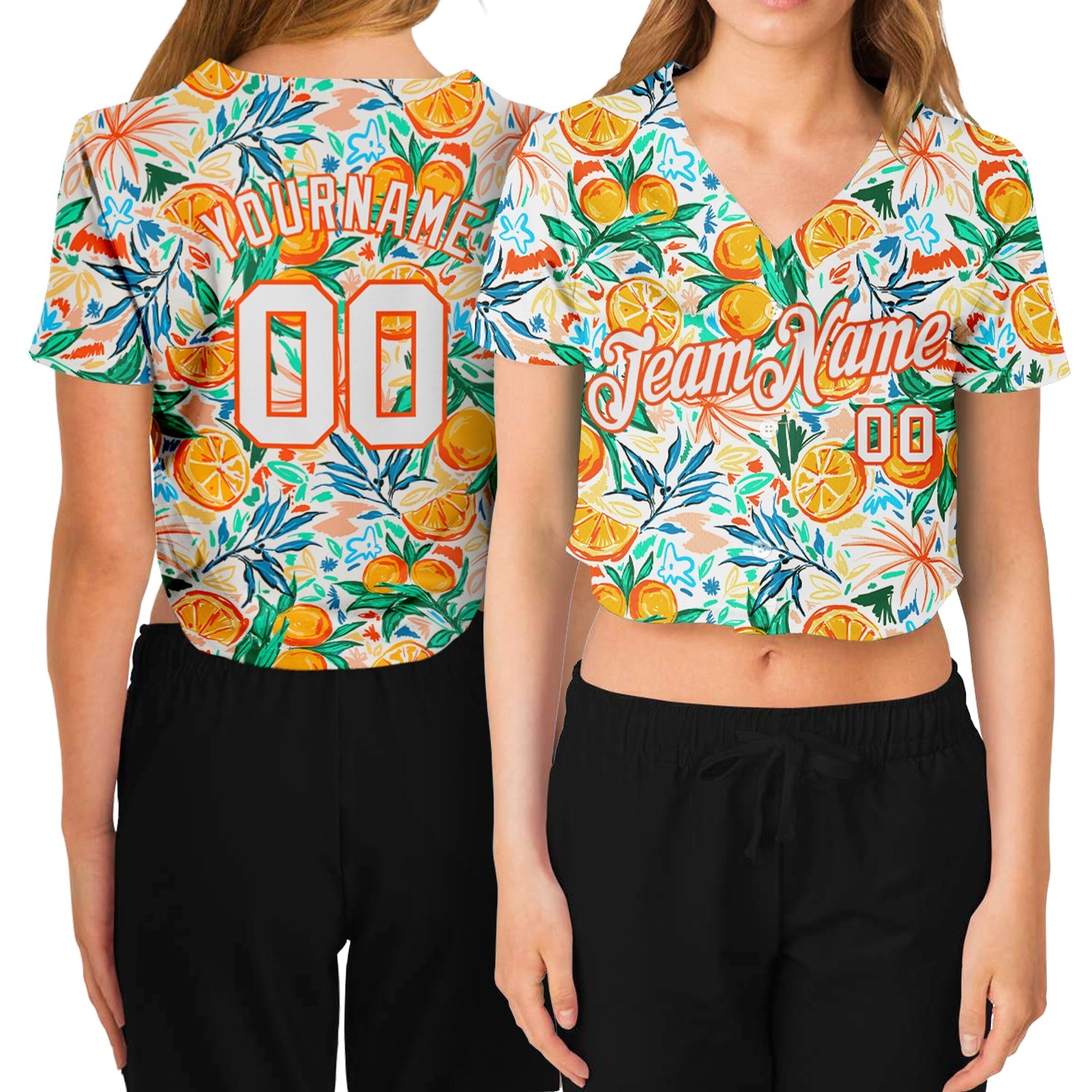 Custom Women's White White-Orange Fruits 3D V-Neck Cropped Baseball Jersey - Main View