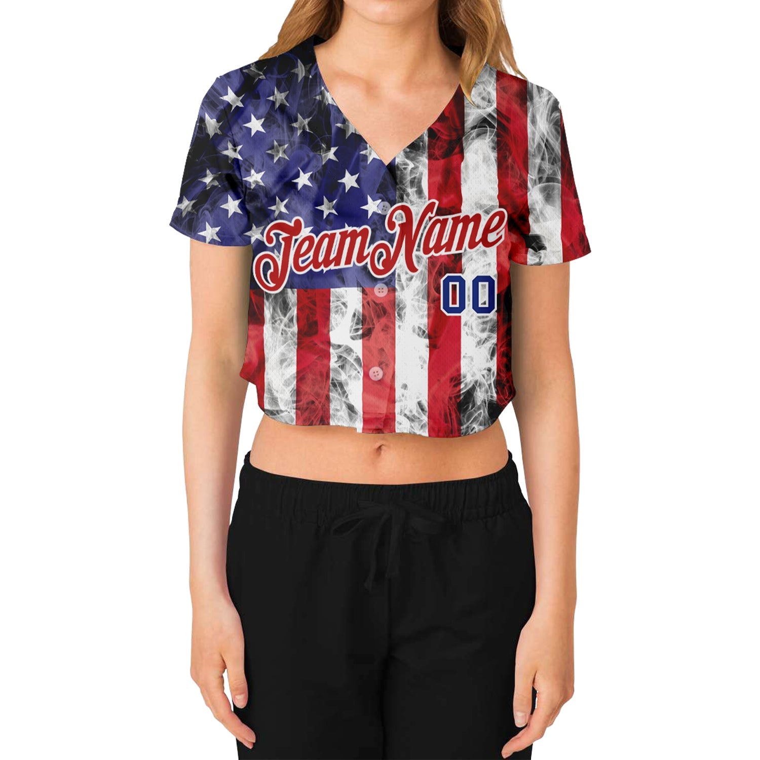 Custom Women's White Royal-Red American Flag Fashion 3D V-Neck Cropped Baseball Jersey view 2