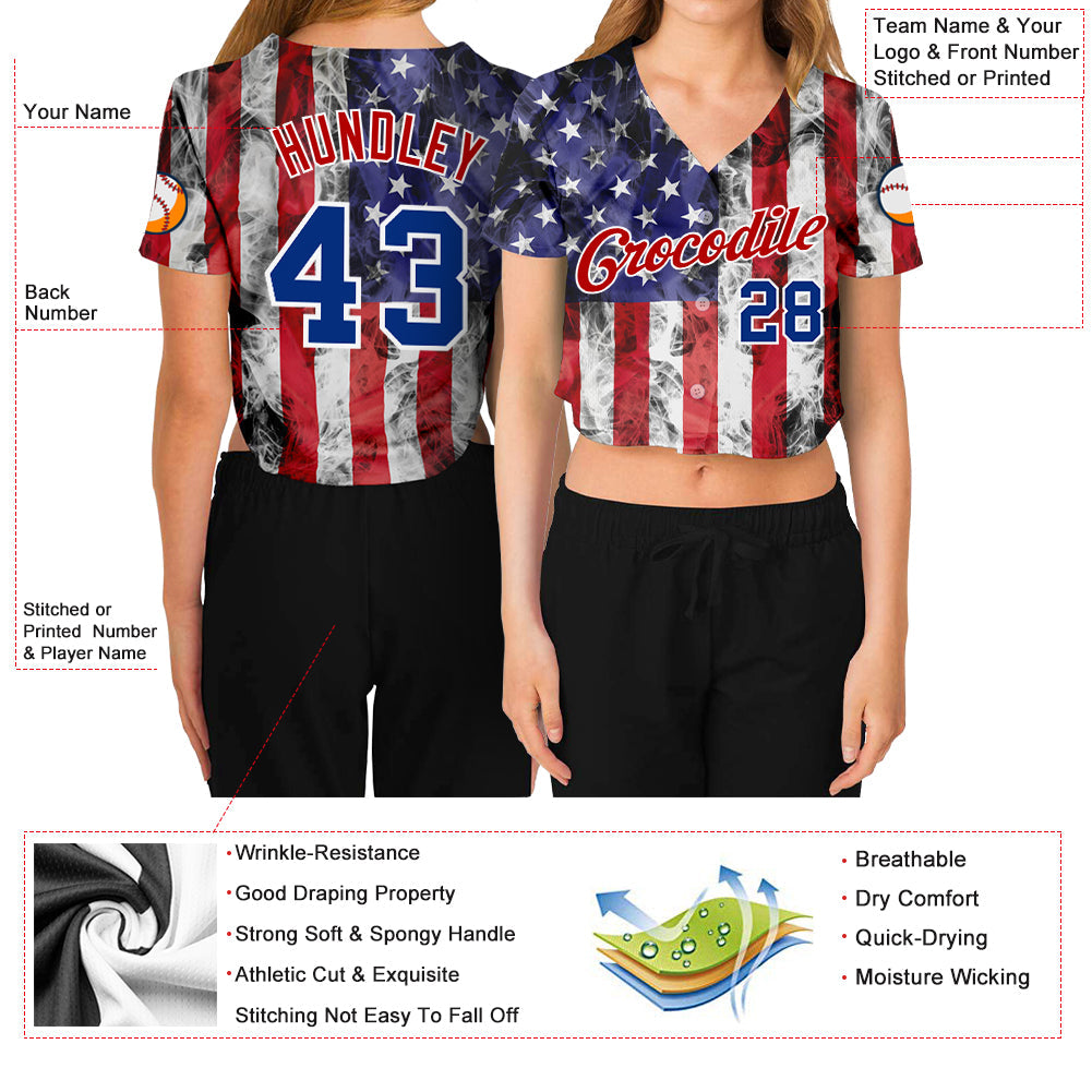 Custom Women's White Royal-Red American Flag Fashion 3D V-Neck Cropped Baseball Jersey view 3