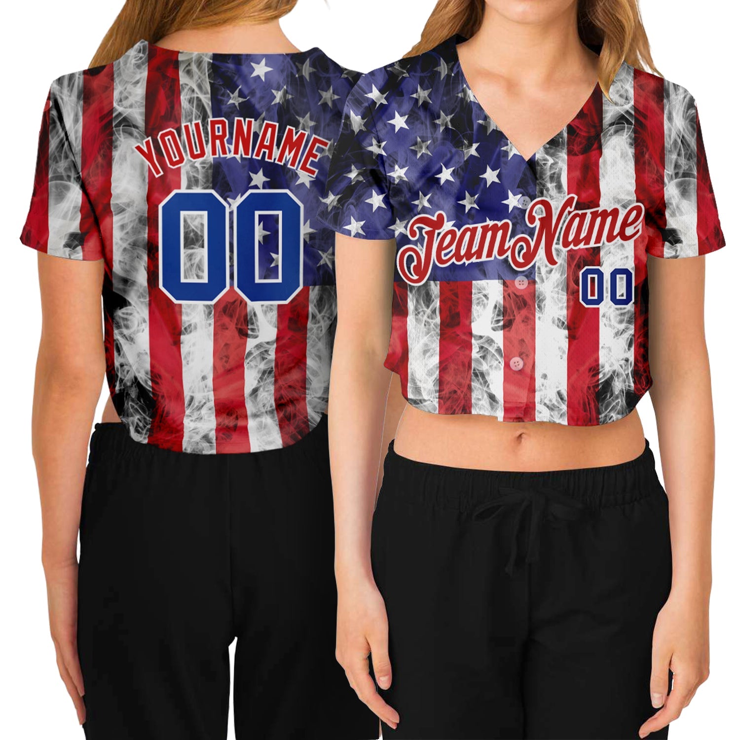 Custom Women's White Royal-Red American Flag Fashion 3D V-Neck Cropped Baseball Jersey - Main View