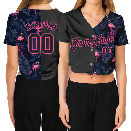 Custom Women's Black Black-Pink Flamingo 3D V-Neck Cropped Baseball Jersey - Main View