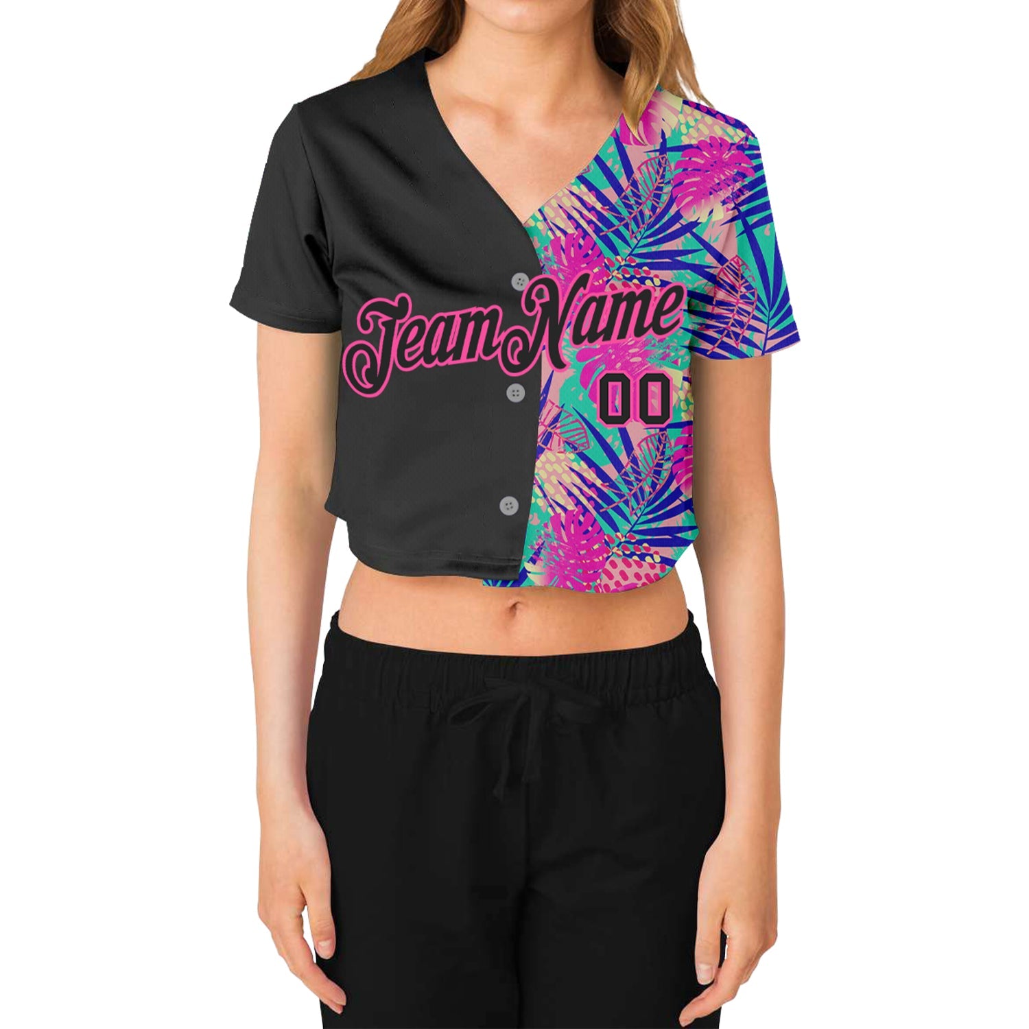 Custom Women's Black Black-Pink Summer 3D V-Neck Cropped Baseball Jersey view 2