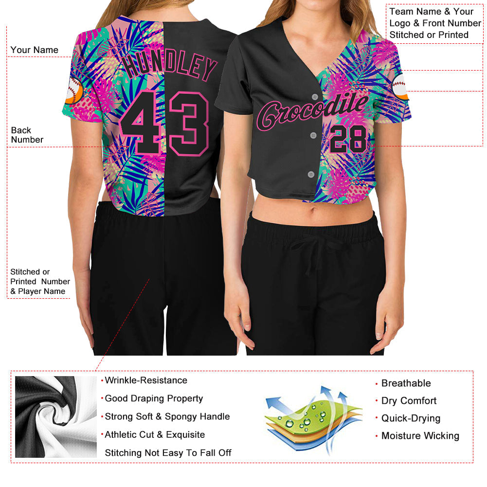 Custom Women's Black Black-Pink Summer 3D V-Neck Cropped Baseball Jersey view 3