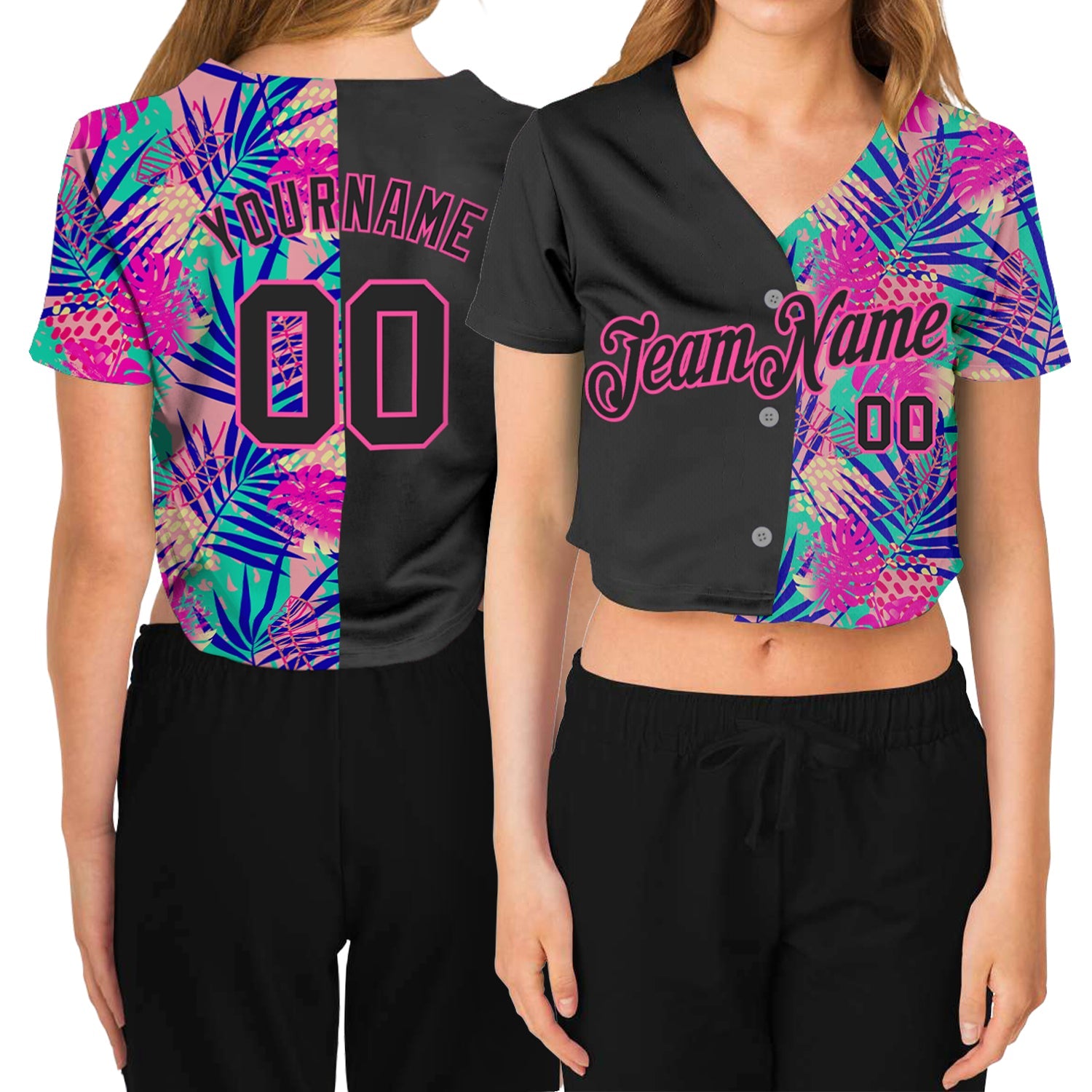 Custom Women's Black Black-Pink Summer 3D V-Neck Cropped Baseball Jersey - Main View