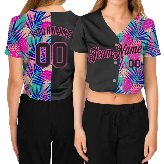 Custom Women's Black Black-Pink Summer 3D V-Neck Cropped Baseball Jersey - Main View