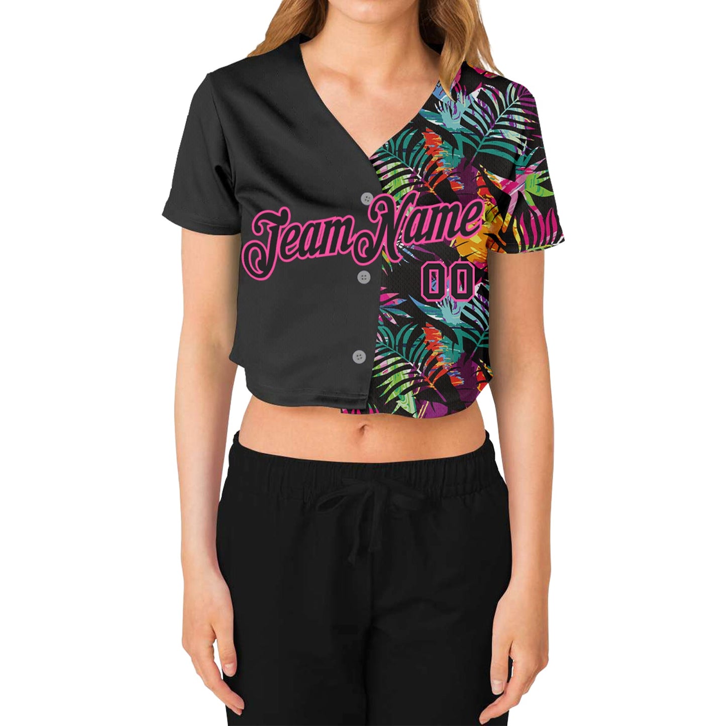 Custom Women's Black Black-Pink Tropical Palm Leaves 3D V-Neck Cropped Baseball Jersey view 2