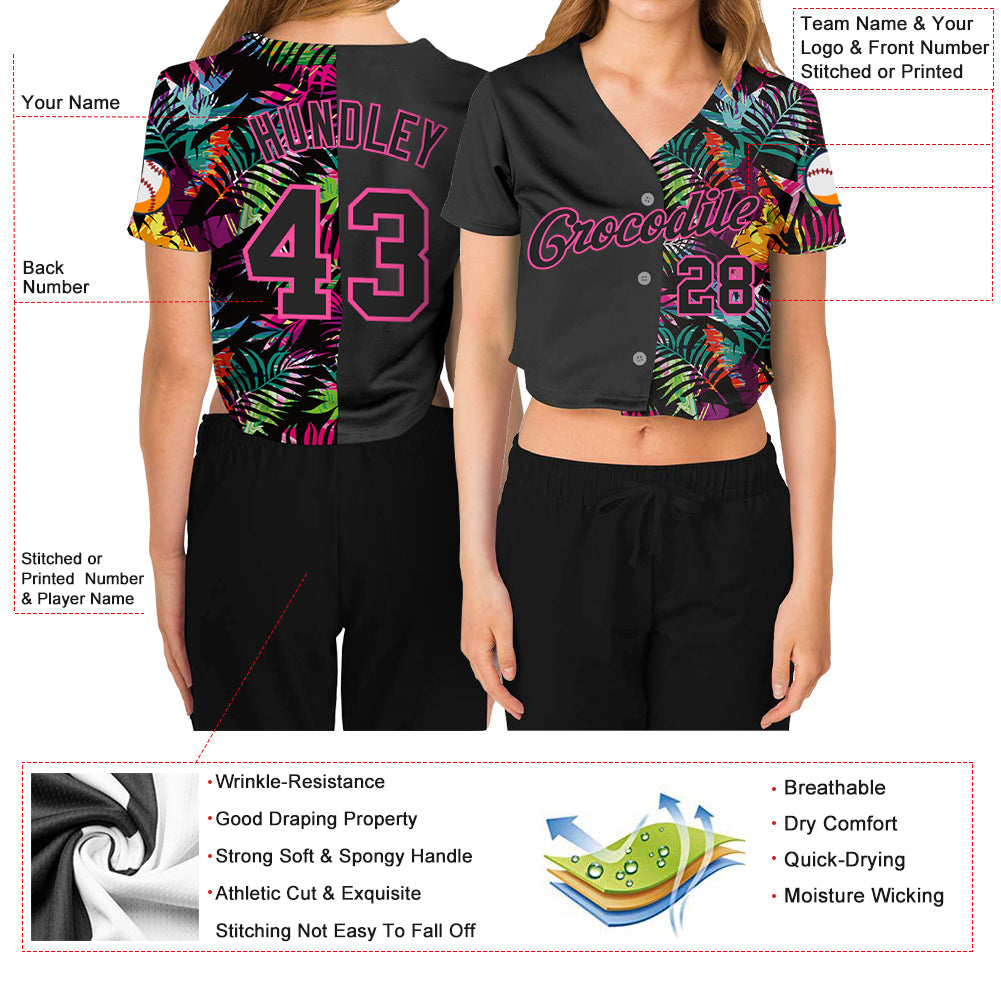 Custom Women's Black Black-Pink Tropical Palm Leaves 3D V-Neck Cropped Baseball Jersey view 3