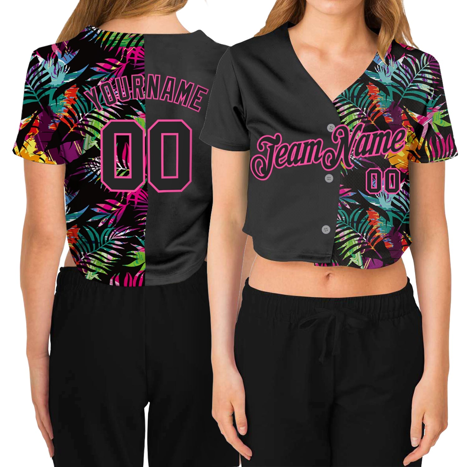 Custom Women's Black Black-Pink Tropical Palm Leaves 3D V-Neck Cropped Baseball Jersey - Main View