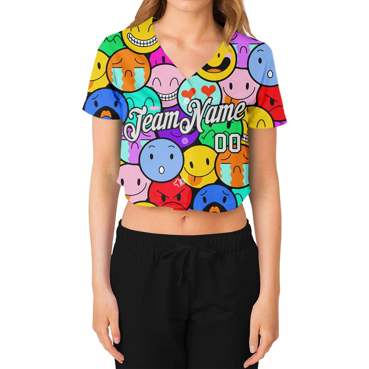 Custom Women's Colorful White-Black Emoji 3D V-Neck Cropped Baseball Jersey view 2