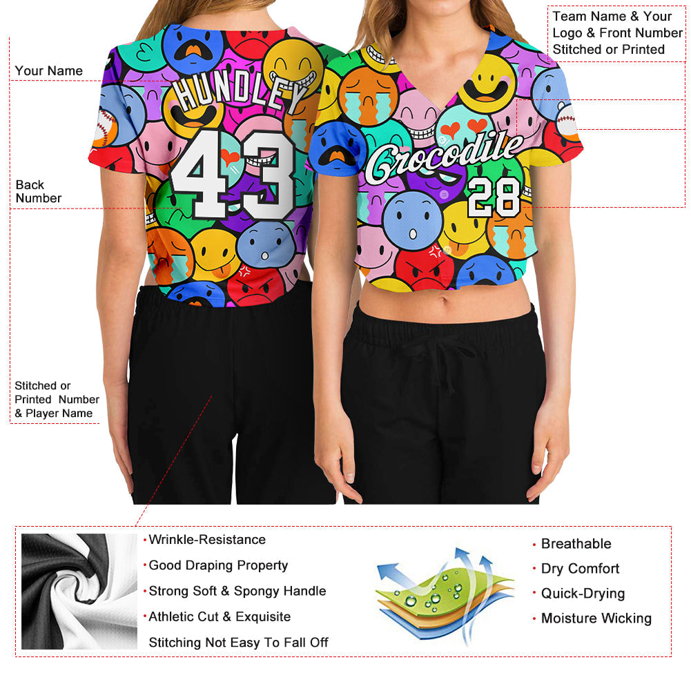 Custom Women's Colorful White-Black Emoji 3D V-Neck Cropped Baseball Jersey view 3