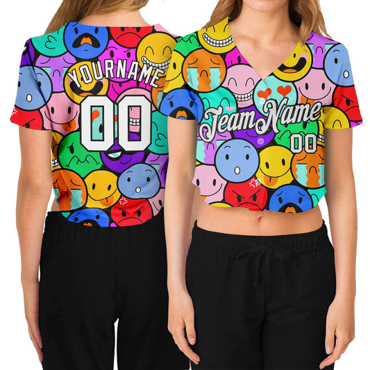 Custom Women's Colorful White-Black Emoji 3D V-Neck Cropped Baseball Jersey - Main View