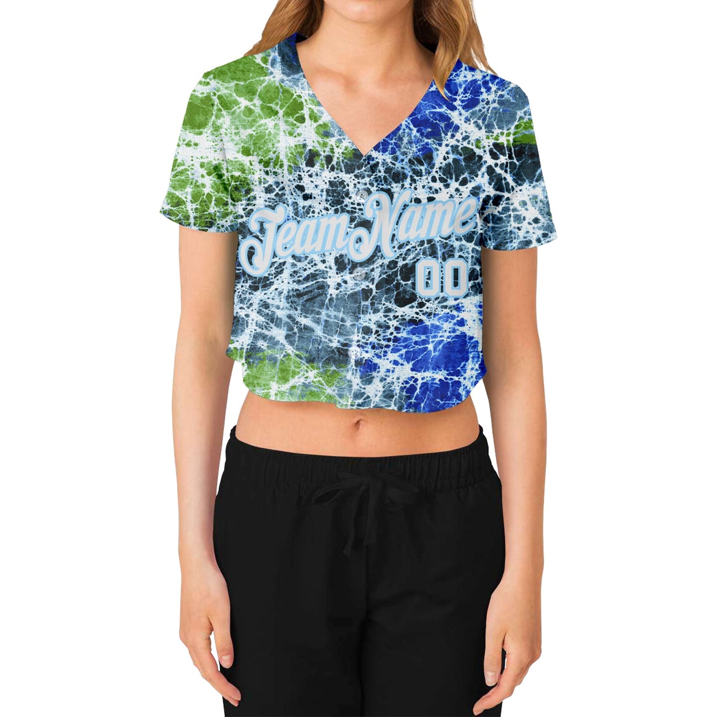 Custom Women's Tie Dye White-Light Blue Abstract Art 3D V-Neck Cropped Baseball Jersey view 2
