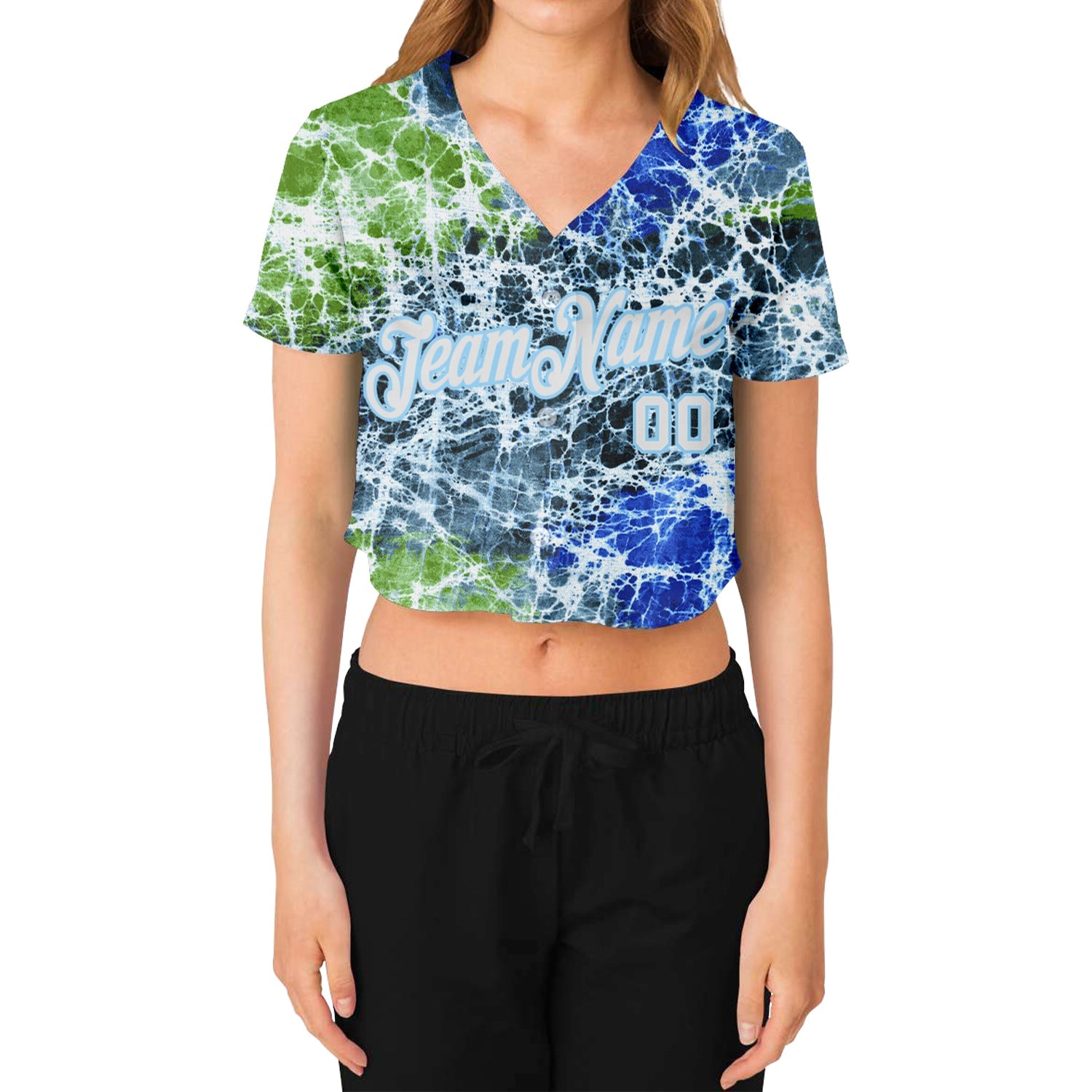 Custom Women's Tie Dye White-Light Blue Abstract Art 3D V-Neck Cropped Baseball Jersey view 2