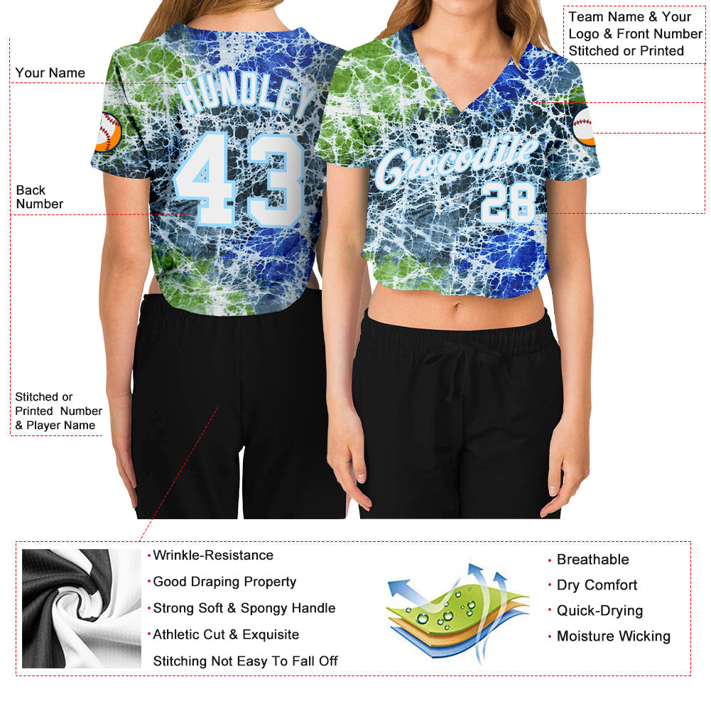 Custom Women's Tie Dye White-Light Blue Abstract Art 3D V-Neck Cropped Baseball Jersey view 3
