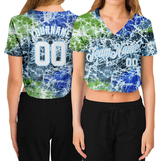 Custom Women's Tie Dye White-Light Blue Abstract Art 3D V-Neck Cropped Baseball Jersey - Main View