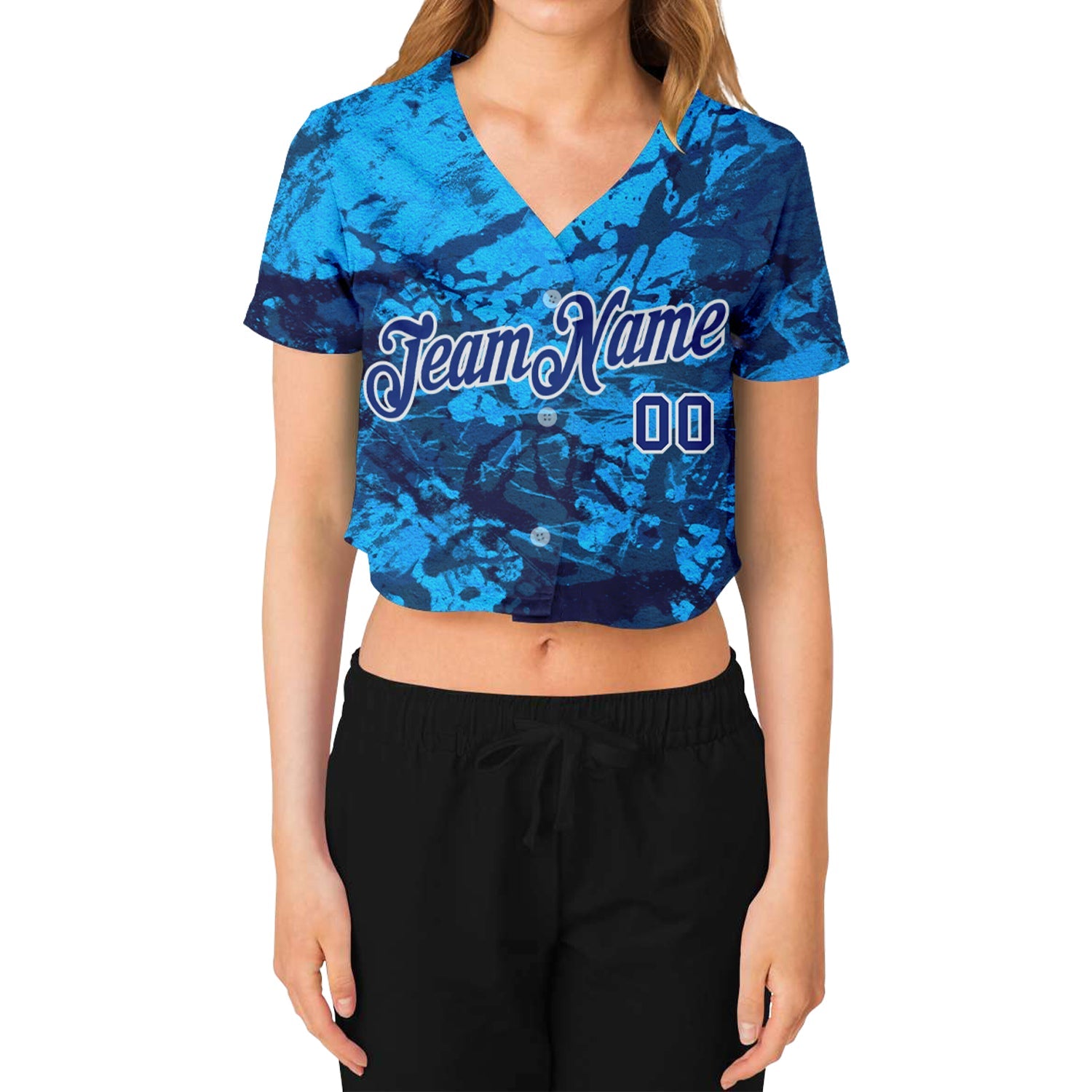 Custom Women's Graffiti Pattern Royal-White Abstract Ink Handmade Art 3D V-Neck Cropped Baseball Jersey view 2