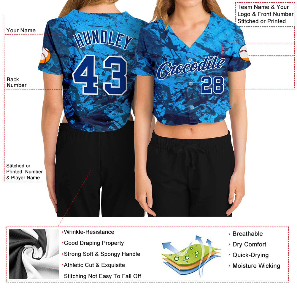 Custom Women's Graffiti Pattern Royal-White Abstract Ink Handmade Art 3D V-Neck Cropped Baseball Jersey view 3