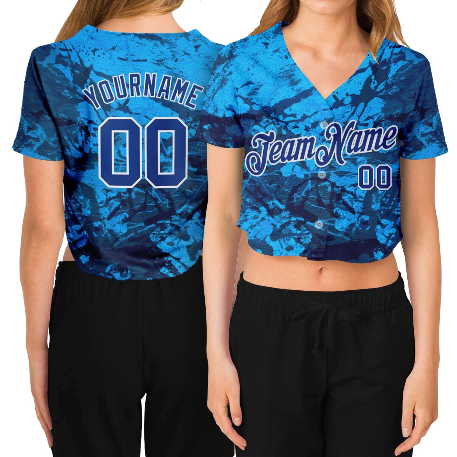 Custom Women's Graffiti Pattern Royal-White Abstract Ink Handmade Art 3D V-Neck Cropped Baseball Jersey - Main View
