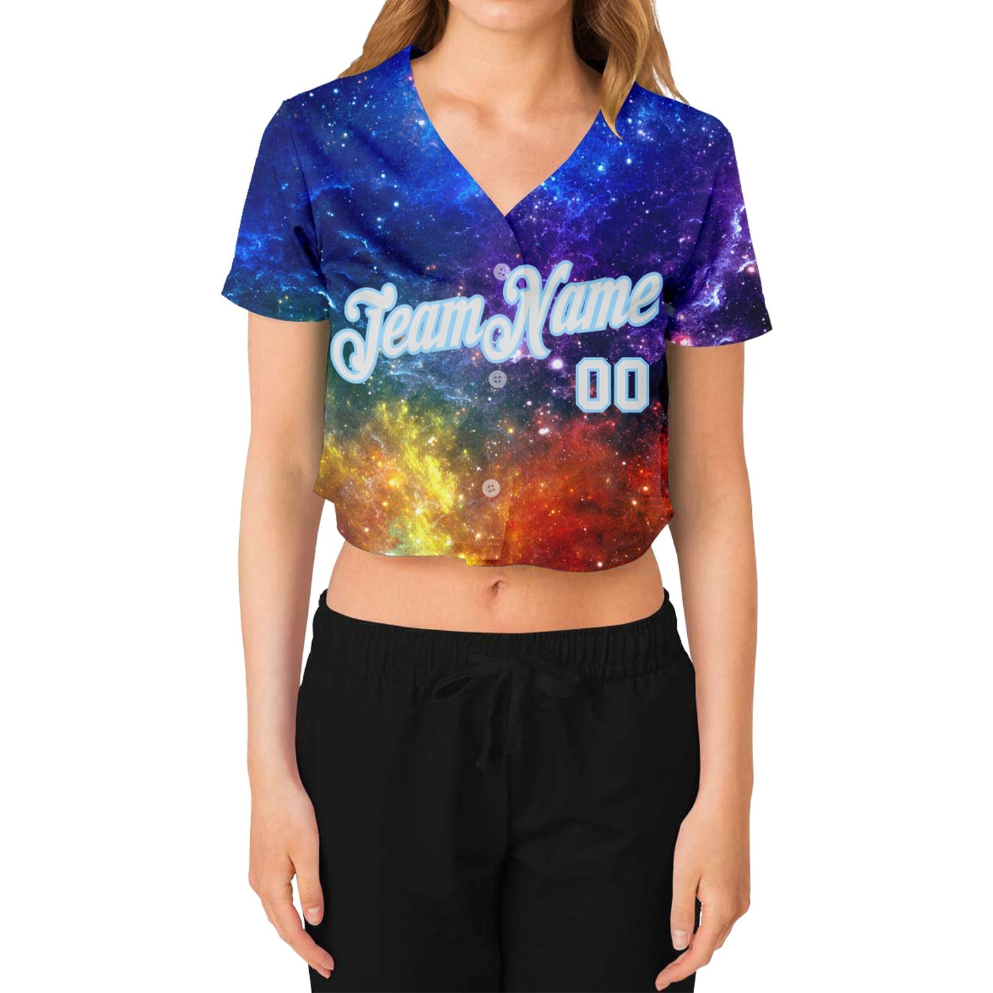 Custom Women's Galactic White-Light Blue 3D V-Neck Cropped Baseball Jersey view 2