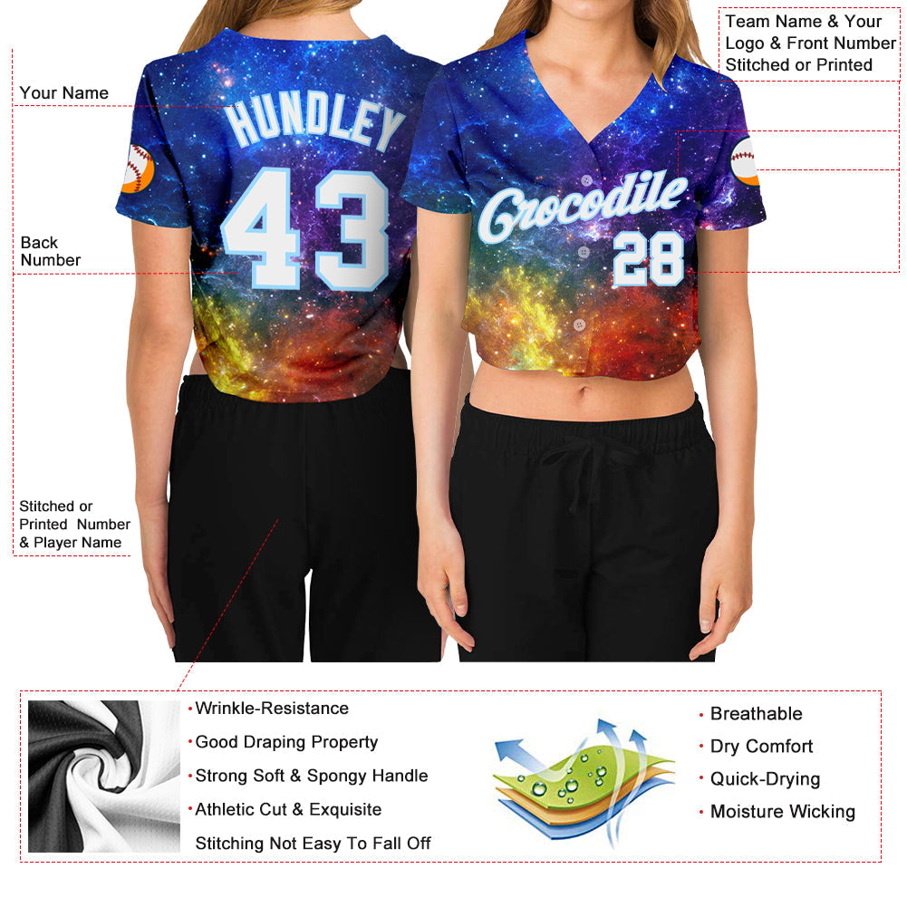 Custom Women's Galactic White-Light Blue 3D V-Neck Cropped Baseball Jersey view 3