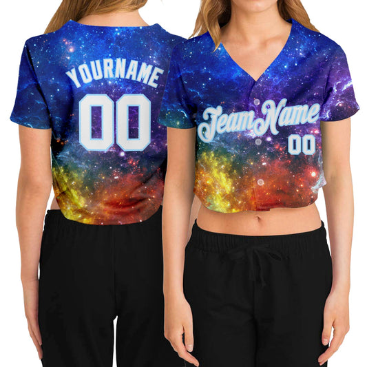 Custom Women's Galactic White-Light Blue 3D V-Neck Cropped Baseball Jersey - Main View
