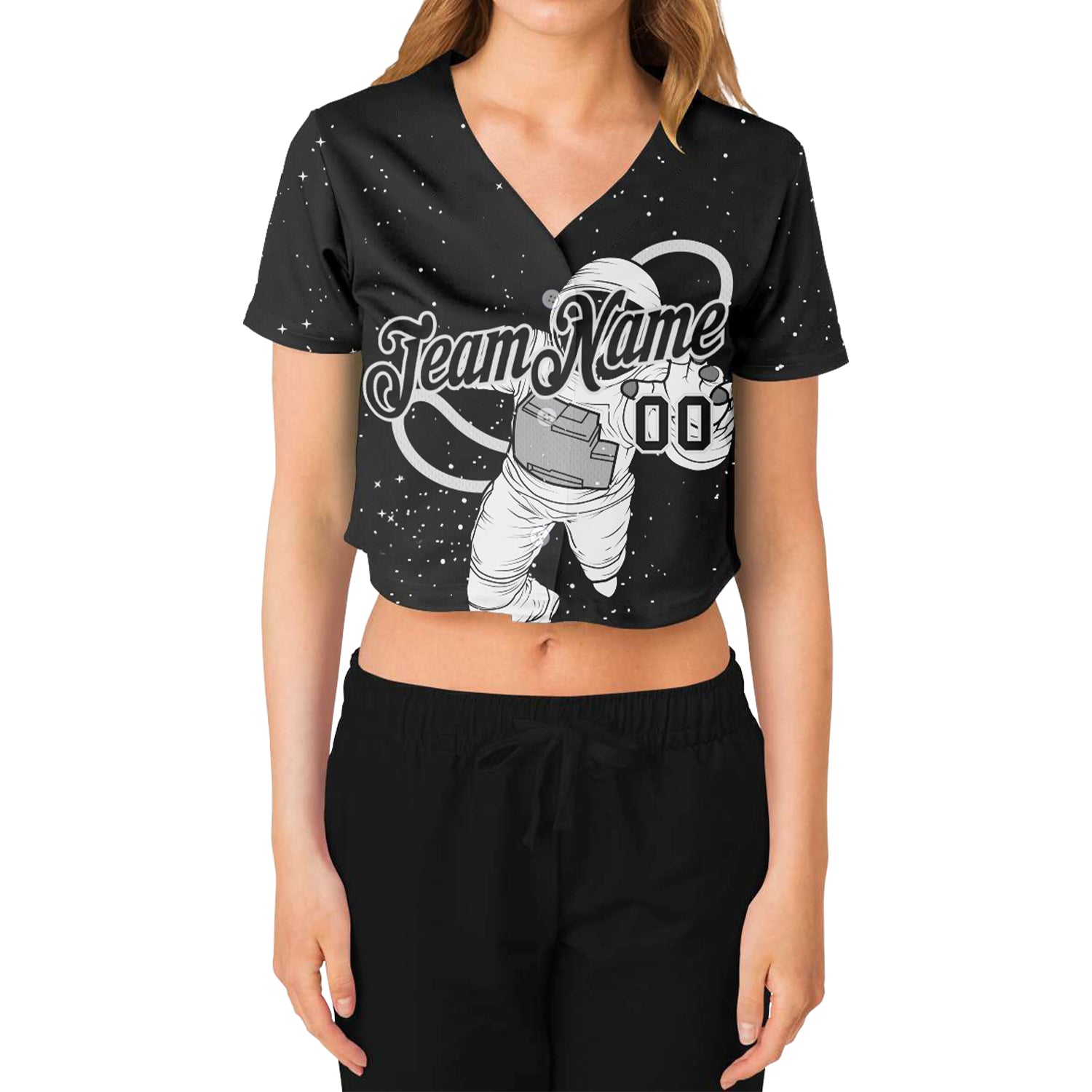 Custom Women's Black Black-White Astronaut 3D V-Neck Cropped Baseball Jersey view 2