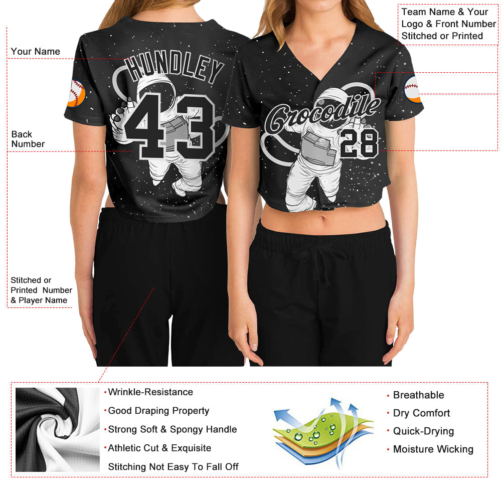 Custom Women's Black Black-White Astronaut 3D V-Neck Cropped Baseball Jersey view 3