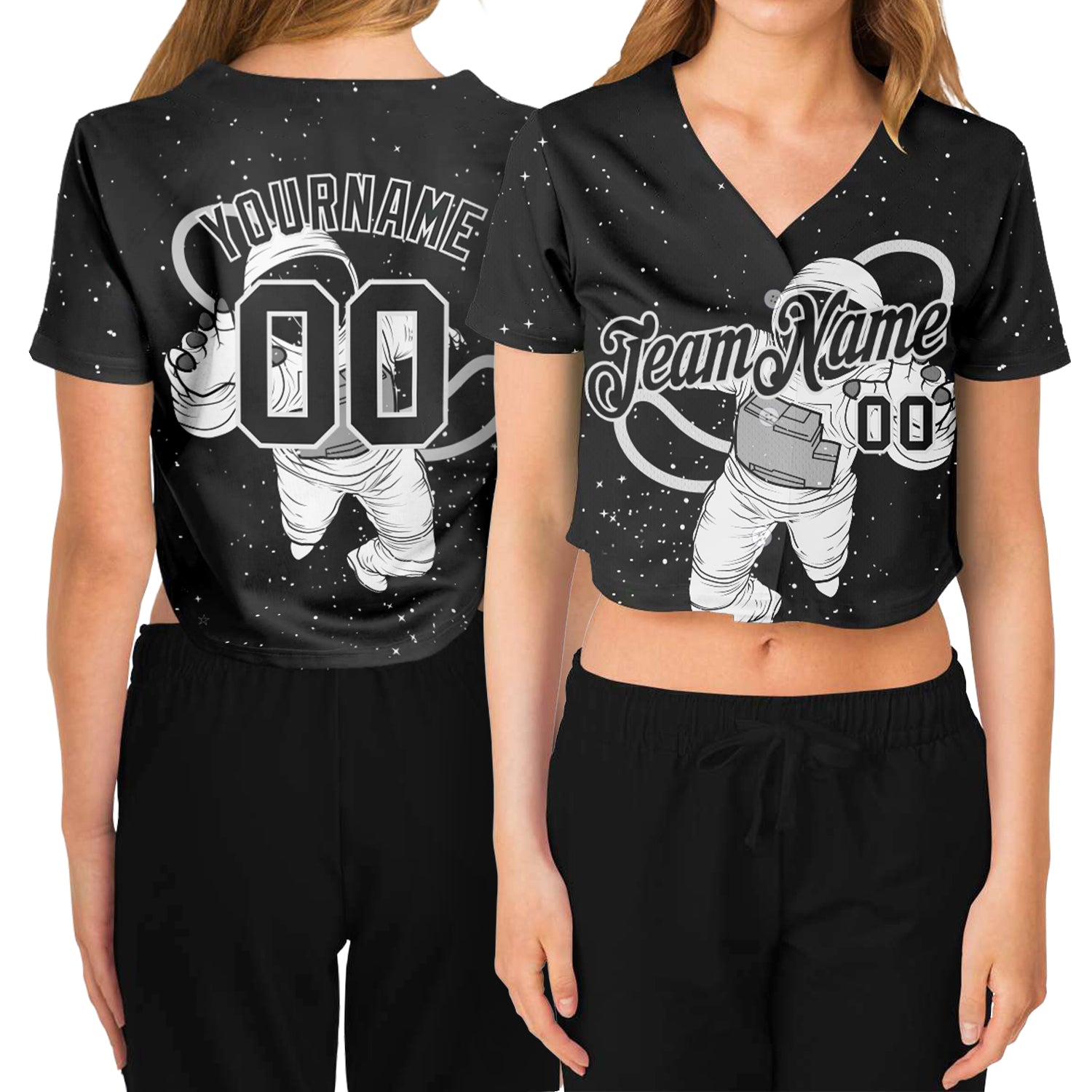 Custom Women's Black Black-White Astronaut 3D V-Neck Cropped Baseball Jersey - Main View